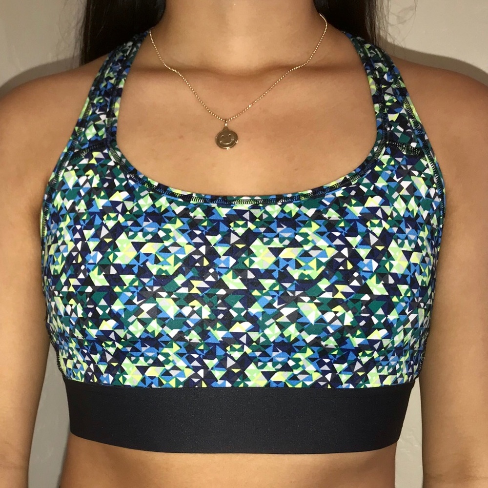 blue/green/black aztec geometrical sports bra